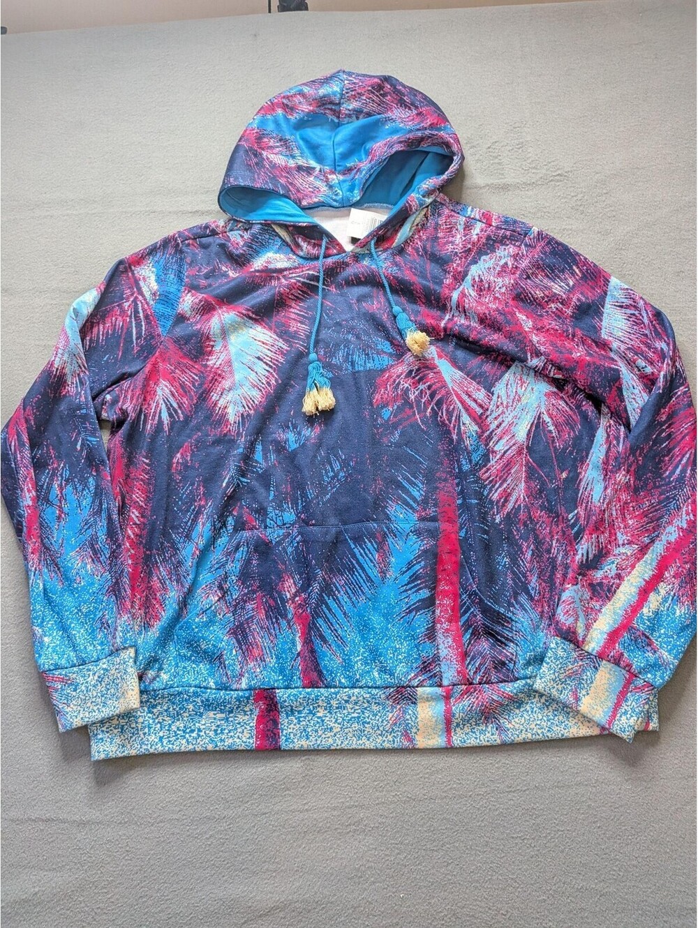 Torrid Sleep Hoodie Womens L Blue Palm Print Tassel Pajama Top Lounge Tropical